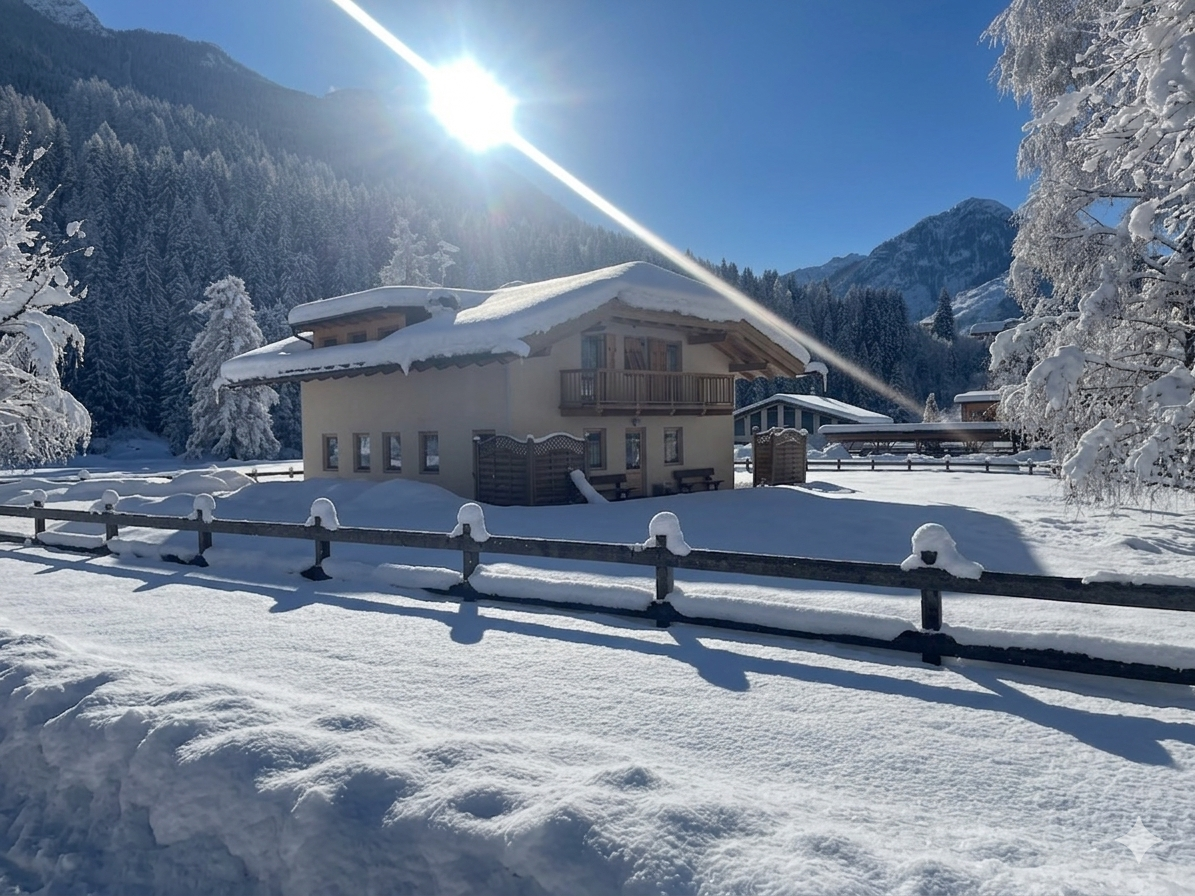Ciasa Le Giare avvolta dal candore della neve fresca in una splendida giornata di sole.