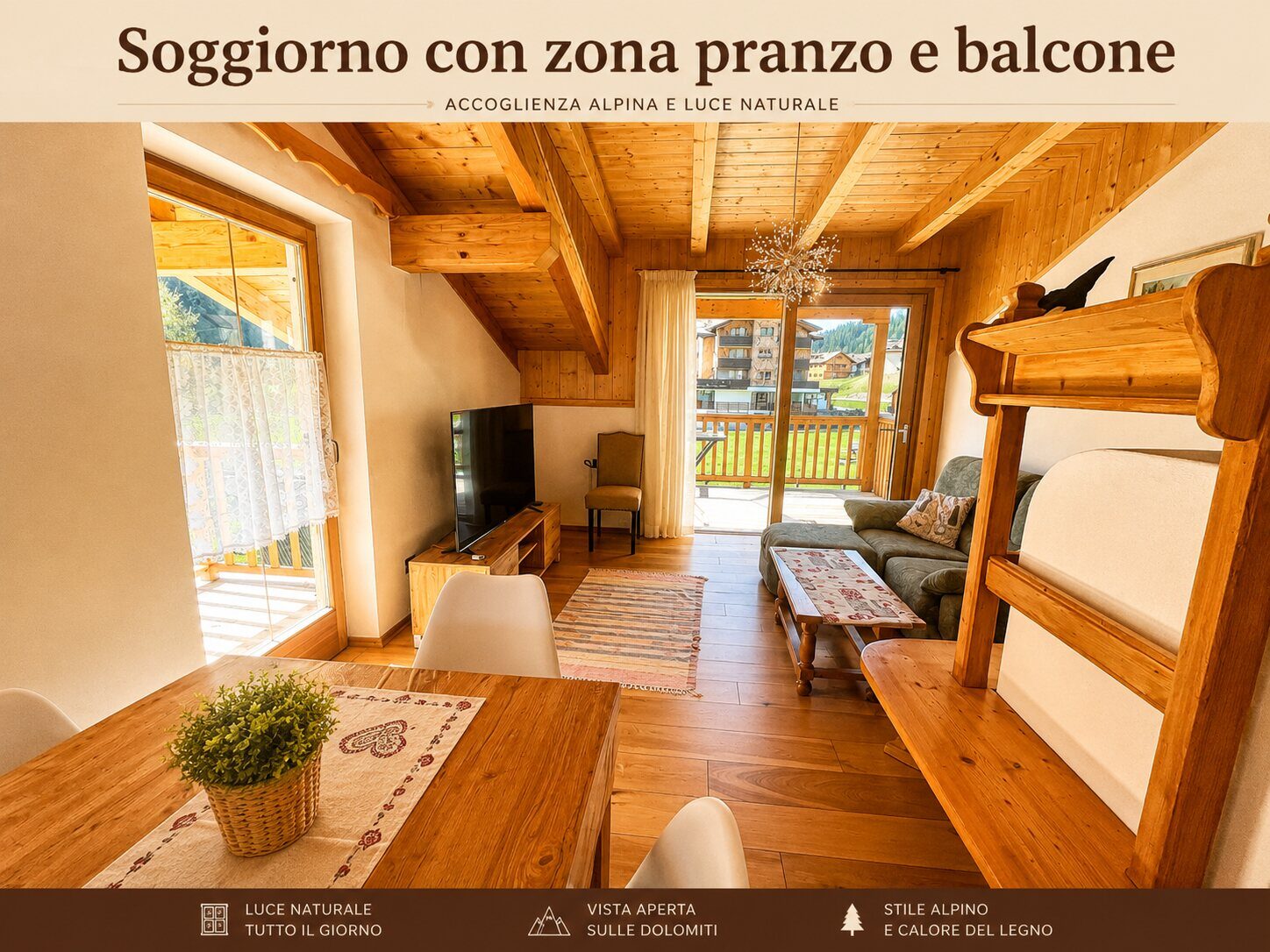 Soggiorno con zona pranzo e balcone - Ciasa Le Giare